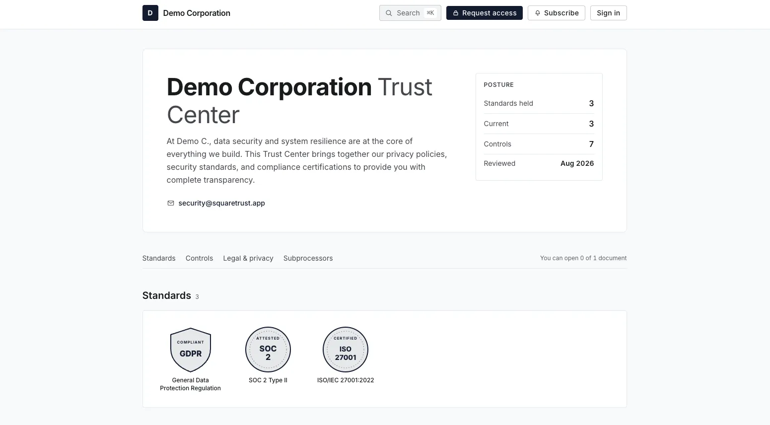 Squaretrust dashboard showing trust center status, the published document list and an access request panel.