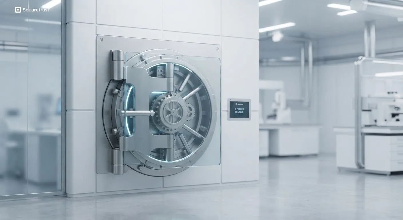 Close-up of a polished vault door mechanism in a cold, white high-tech laboratory.